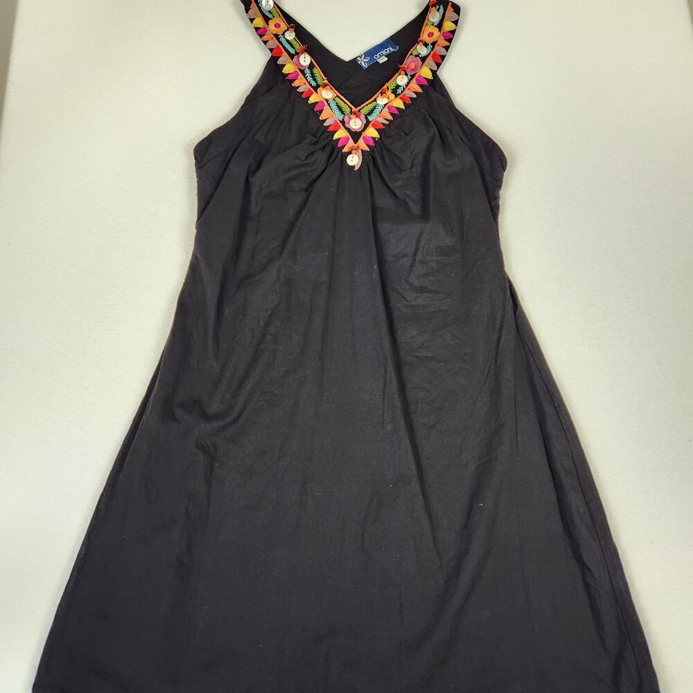 Amiani Boho Resortwear Dress Embroiderd Beaded Halter Mini Dress Blk Sz Uni/OS